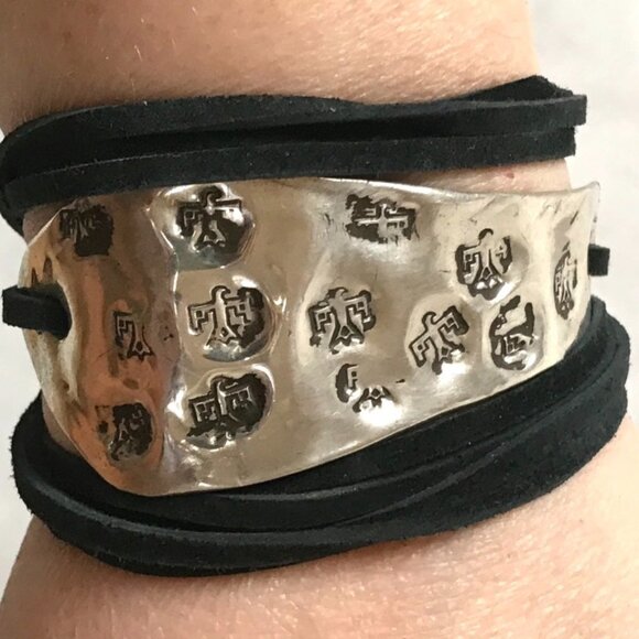 PHoenix Eagle Antique Sterling Silver Tie Wrap 925 Leather Cuff Bracelet Boho - Picture 1 of 11